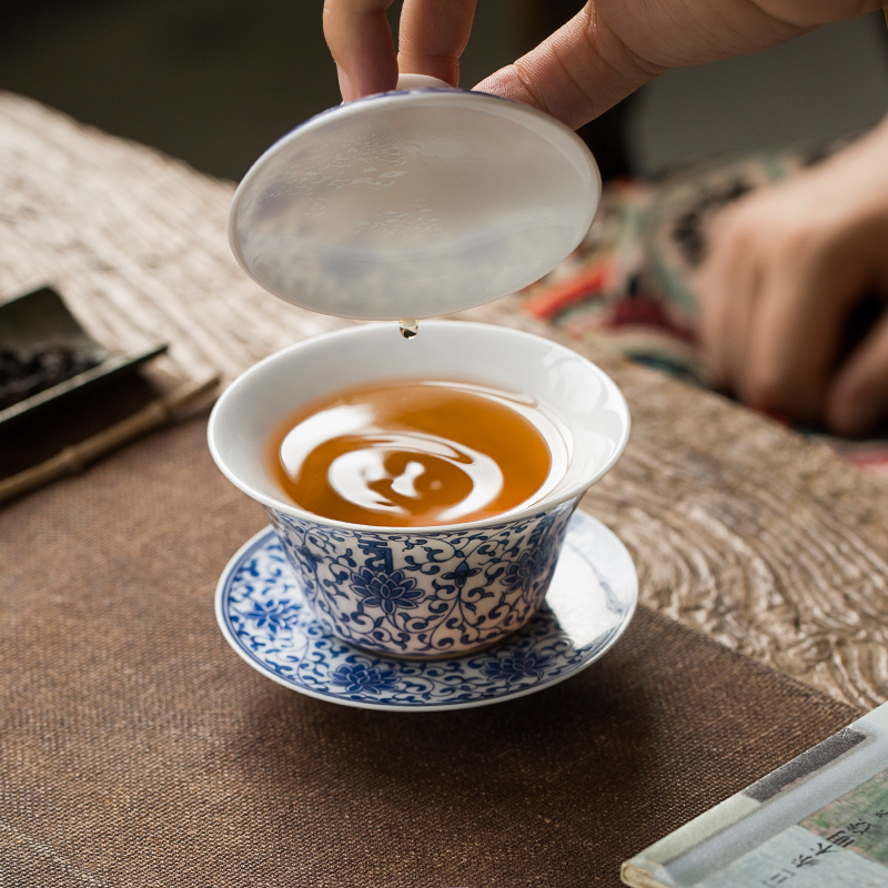 Jingdezhen blue and white tureen tea cups white porcelain hand - made single thin body is not pure manual hot green tea bowl