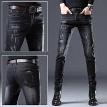 Hong Kong high-end mens jeans summer Tide brand black slim feet Korean fashion casual mens pants Joker