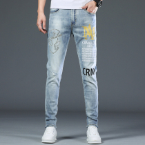 Hong Kong Tide brand stretch jeans mens printed slim legged pants hot diamond personality light color casual long pants summer