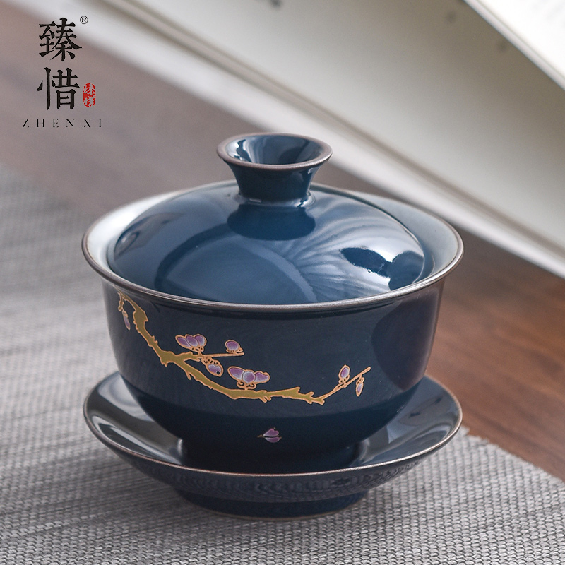 Become precious little ji blue ceramic tureen household kung fu tea set three to tureen tea bowl of tea bowl, by hand