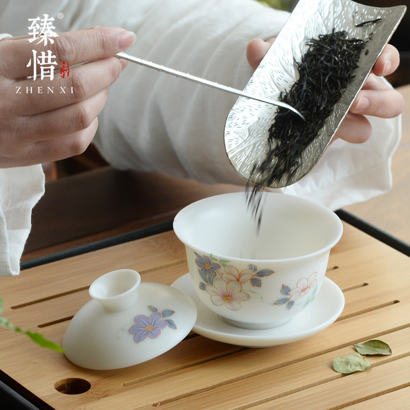 Become precious little Chinese essence burn hand - made tureen kung fu tea set three only pure manual tureen ceramic white jade porcelain cups
