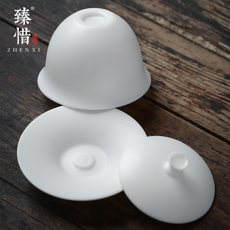 Become precious little listening only three tureen suet jade white porcelain teacup dehua high - end kung fu tea set large household gifts