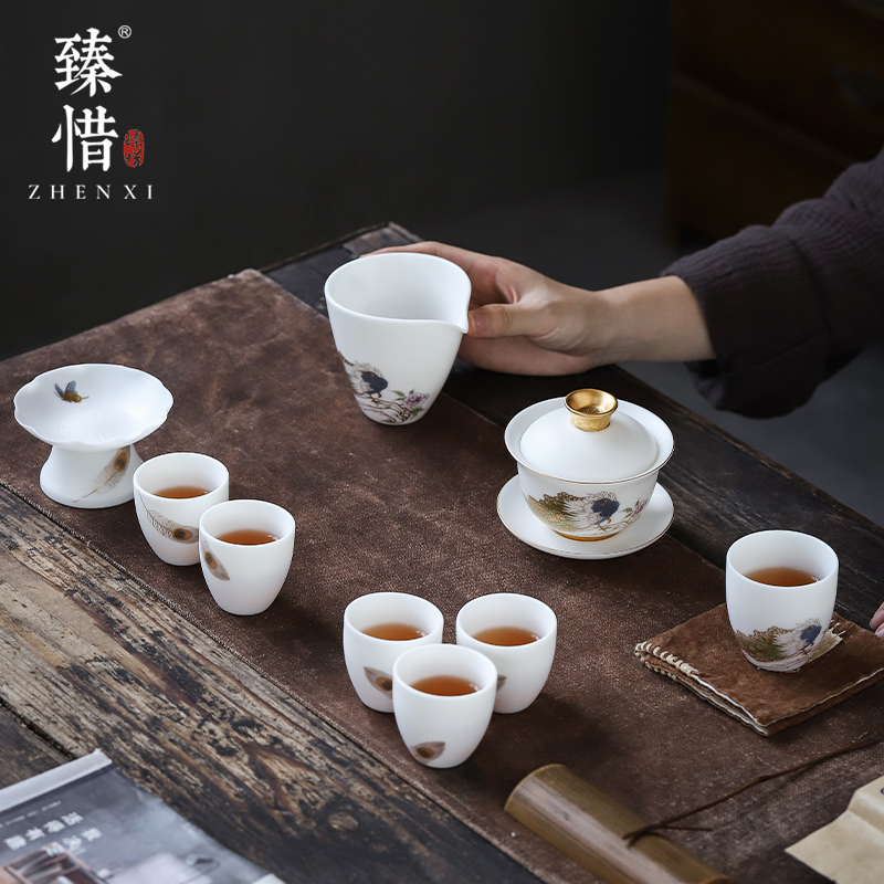 Become precious little wealth changchun suet jade white porcelain high - end kung fu tea set suit household dehua tureen gift products