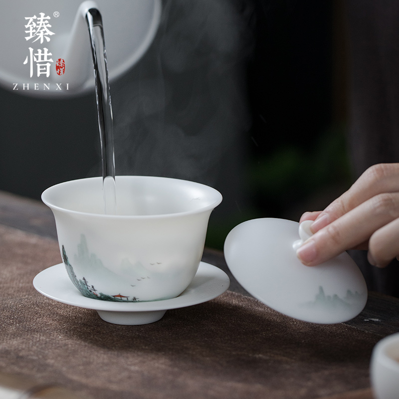 "Precious little hand - made aoyama, abbreviation suet jade white porcelain three tureen high - end kung fu tea cup bowl is home