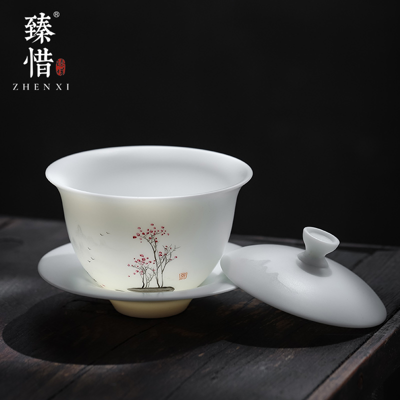 Become precious little hand - made with water up to the mountain jade suet white porcelain three tureen high - end kung fu tea bowl cups of household