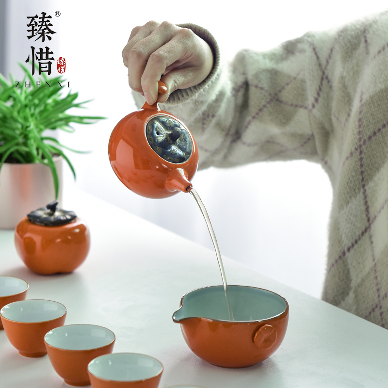 Become precious little persimmon persimmon ruyi creative ceramic kung fu tea set household persimmon modeling teapot teacup dry tea set