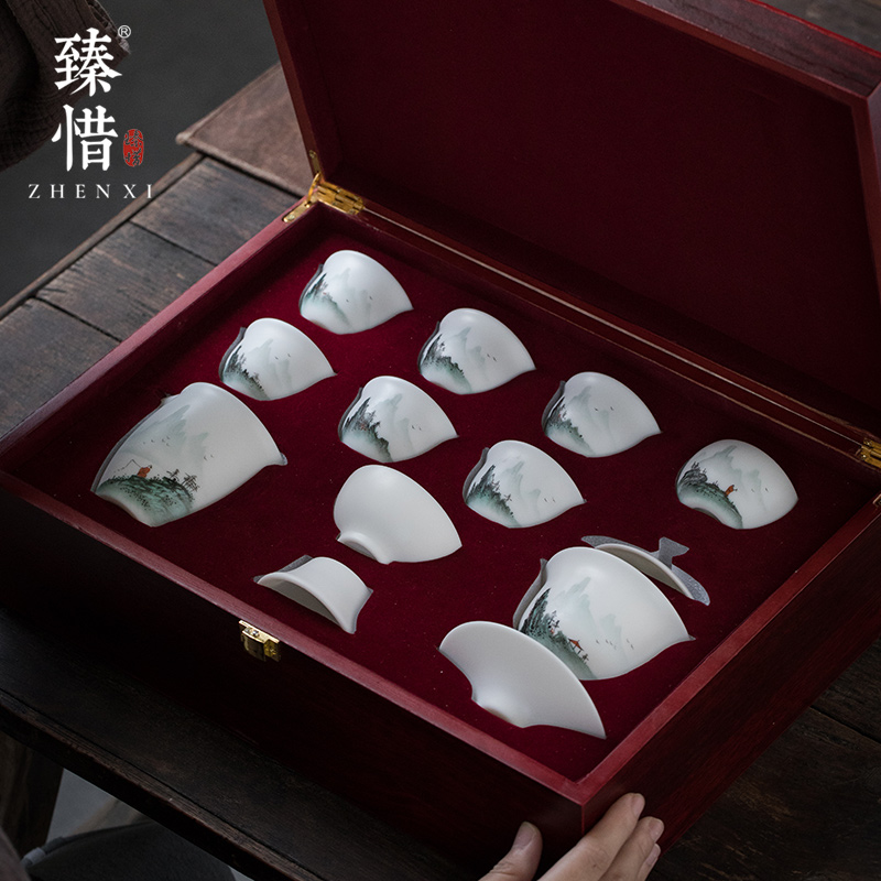 Become precious little hand - made aoyama, abbreviation suet jade white porcelain high - end kung fu tea set suits for domestic cups tureen gift box