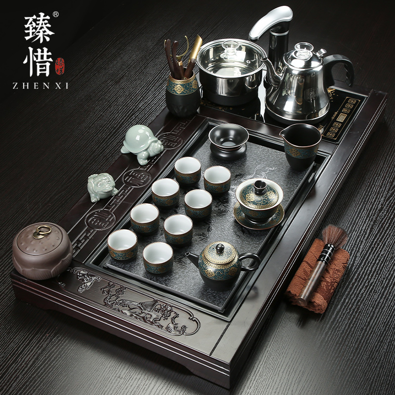 Become precious little violet arenaceous kung fu tea set suit household contracted ceramic tea cup pot of electric magnetic furnace solid wood tea tray