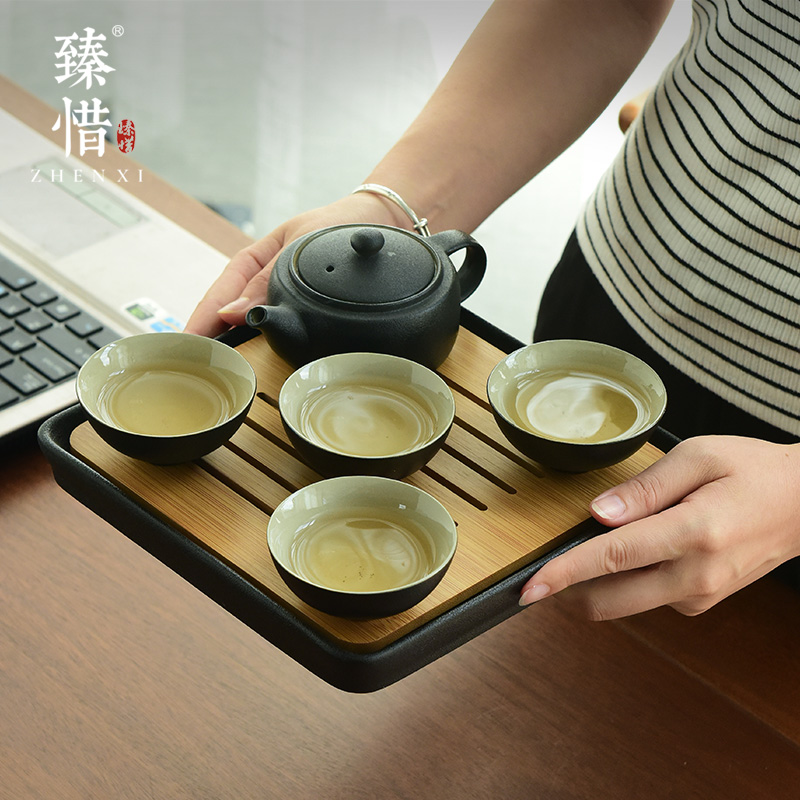 "Precious little black ceramic portable package crack cup teapot kung fu tea set household contracted small Japanese mini travel