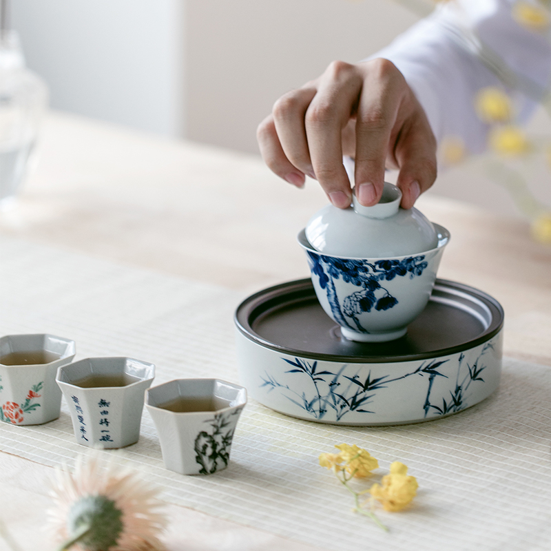 Restoring ancient ways in self - "appropriate content of jingdezhen tureen buttonwood hand - made manual single CPU use ceramic tea set