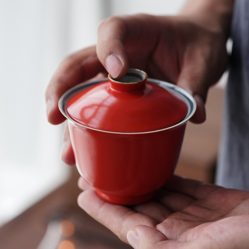 Jingdezhen coral red pure manual three tureen tea bowl with single GaiWanCha kunfu tea ceramic cups