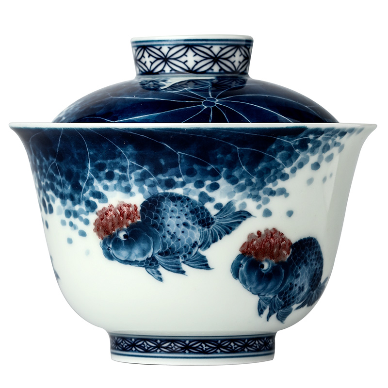 Jingdezhen blue and white youligong kung fu tea tureen tea cups Lin Yuehong pure manual hand - made goldfish bowl is Chinese style