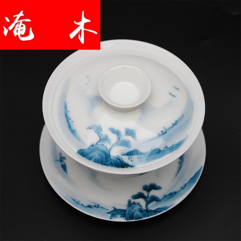 Submerged wood jingdezhen pure manual tureen hand - made of blue and green landscape kung fu tea set thin foetus three bowl tea cups