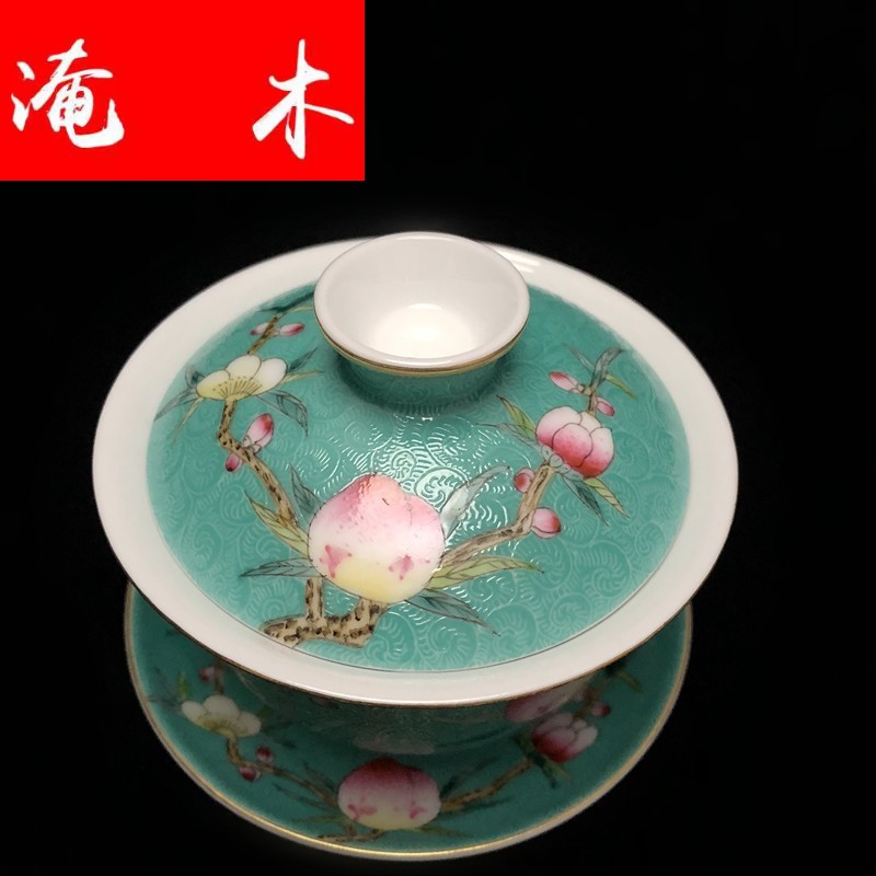 Submerged wood grilled jingdezhen manual hand - made pastel flower tea kungfu tea set peach three tureen archaize package mail