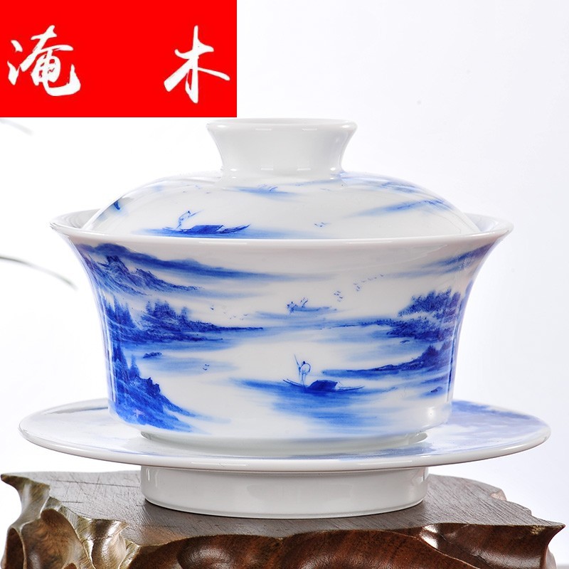 Submerged wood pure manual tureen large heavy fine pen hand - made cups landscape jingdezhen blue and white porcelain tea set