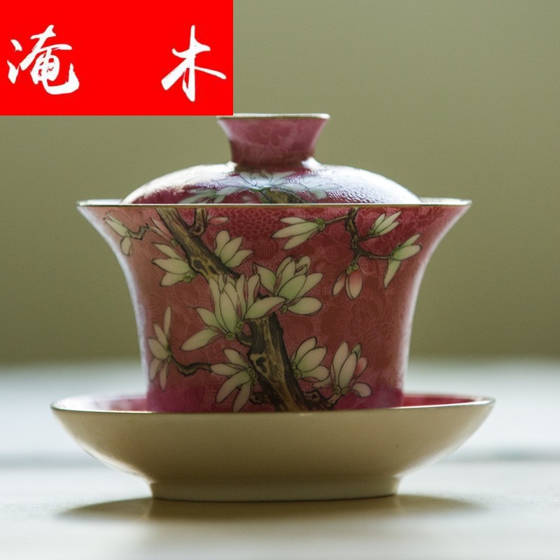 Flooded wooden pick flowers tureen pastel hand - made tea only three bowl of jingdezhen way tea tree