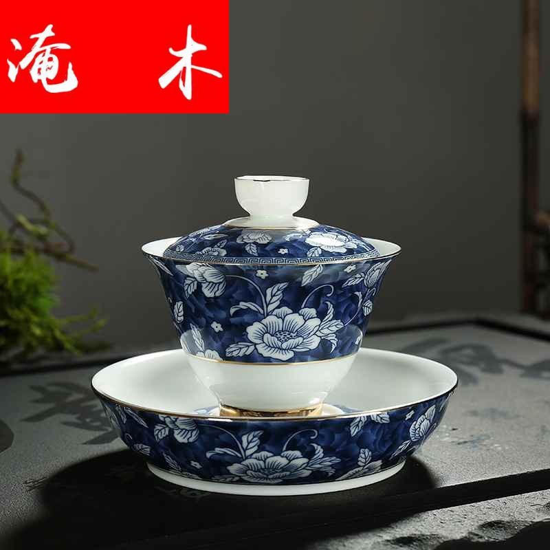 Submerged wood jingdezhen blue and white tureen famille rose flower is household ceramics colored enamel kung fu tea tea cup three to worship