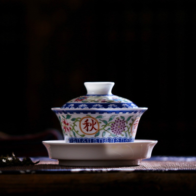 Submerged wood jingdezhen checking antique tea set enamel pastel color tureen tea set three bowl of sweet tea and jasmine tea