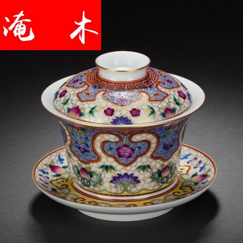 Flooded wooden tea service manual painting enamel ruyi lines 3 to make tea tureen peach large bowl pastel jingdezhen