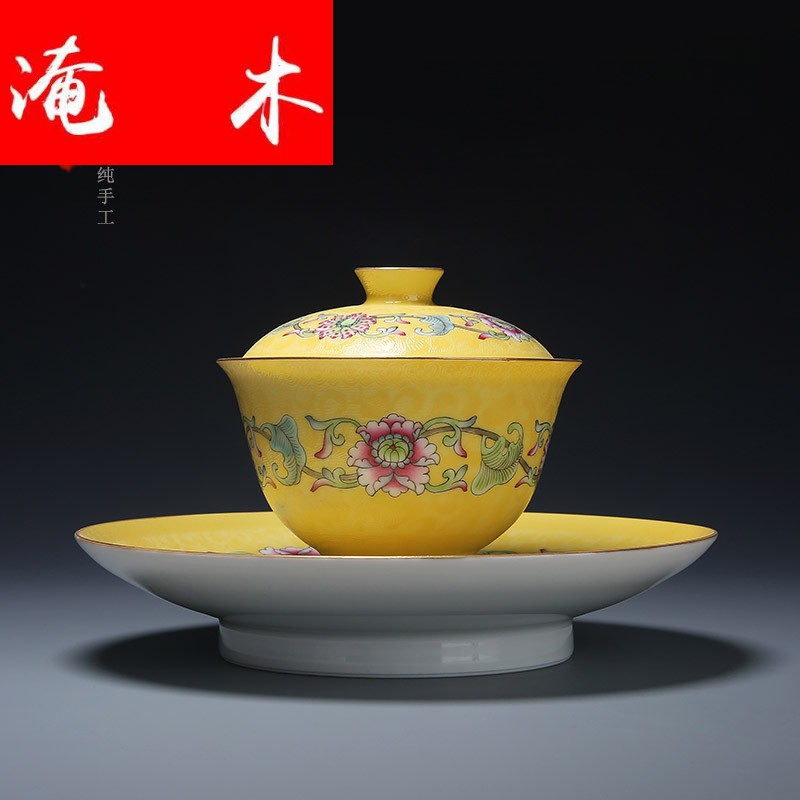 Submerged wood jingdezhen porcelain manual pick flowers pastel flowers around branches tureen hand - made kung fu tea set three bowls