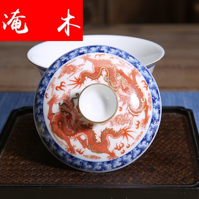 Flooded jingdezhen wood antique checking porcelain enamel tureen alum red paint dragon three hand tureen kung fu tea set