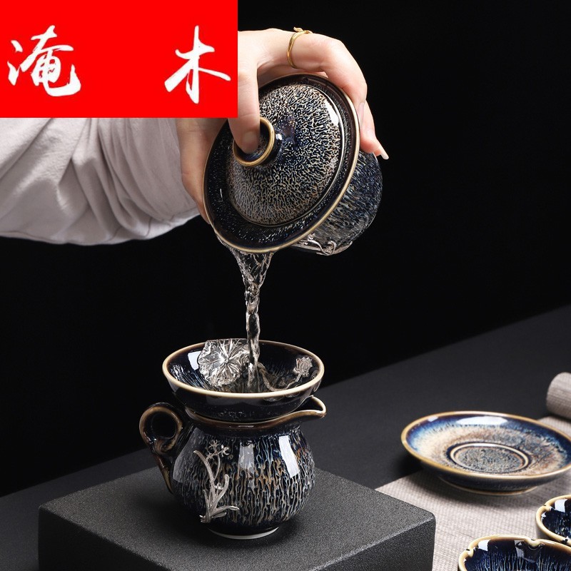 Submerged wood jingdezhen ceramic inlaid with silver GaiWanCha device only three cup tea bowl of kung fu tea accessories tea for 1