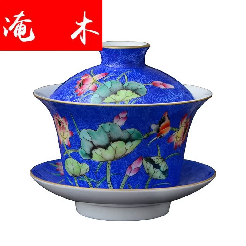 Grilled flooded wood painting of flowers and flower tureen jingdezhen tea hand - made kung fu tea powder enamel three to make tea tureen bowl