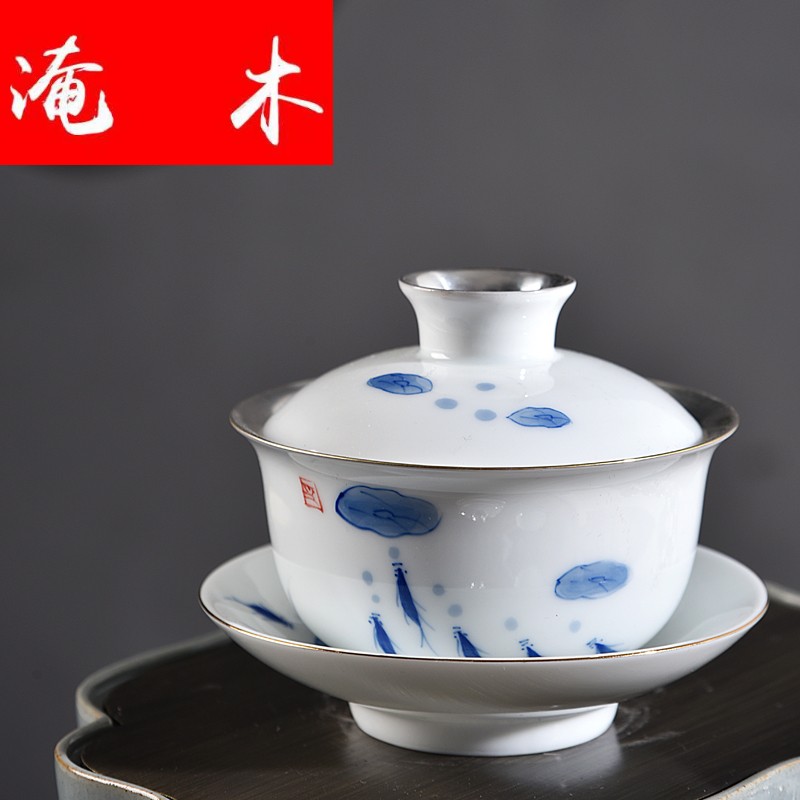 Flooded wooden household hand - made porcelain jingdezhen ceramics tureen checking sterling silver kungfu tasted silver gilding GaiWanCha only three