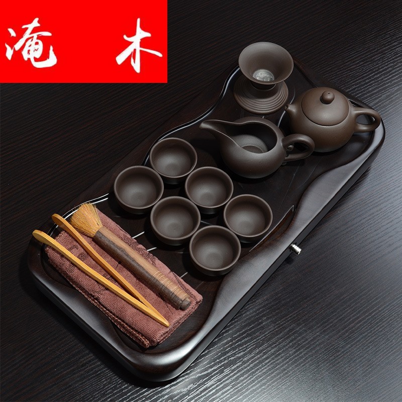 Flooded ebony wood real wood tea tray, xiao - he leaf black purple sand your up hand - made celadon tea set