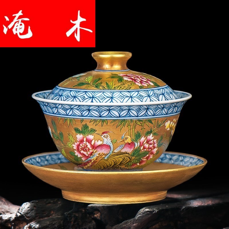 Flooded hand - made wooden jingdezhen ceramics powder enamel antique gold flower on three tureen kung fu tea set can be customized