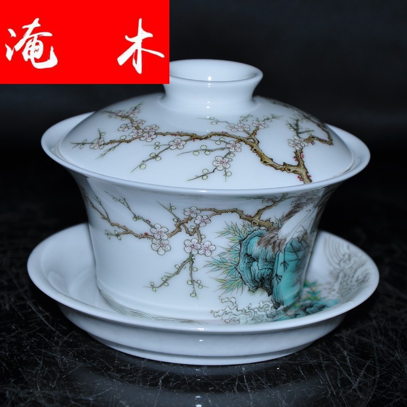 Flooded jingdezhen famous Jin Hongxia hand - made wooden g famille rose porcelain tea tureen only three cup "crane, mei"