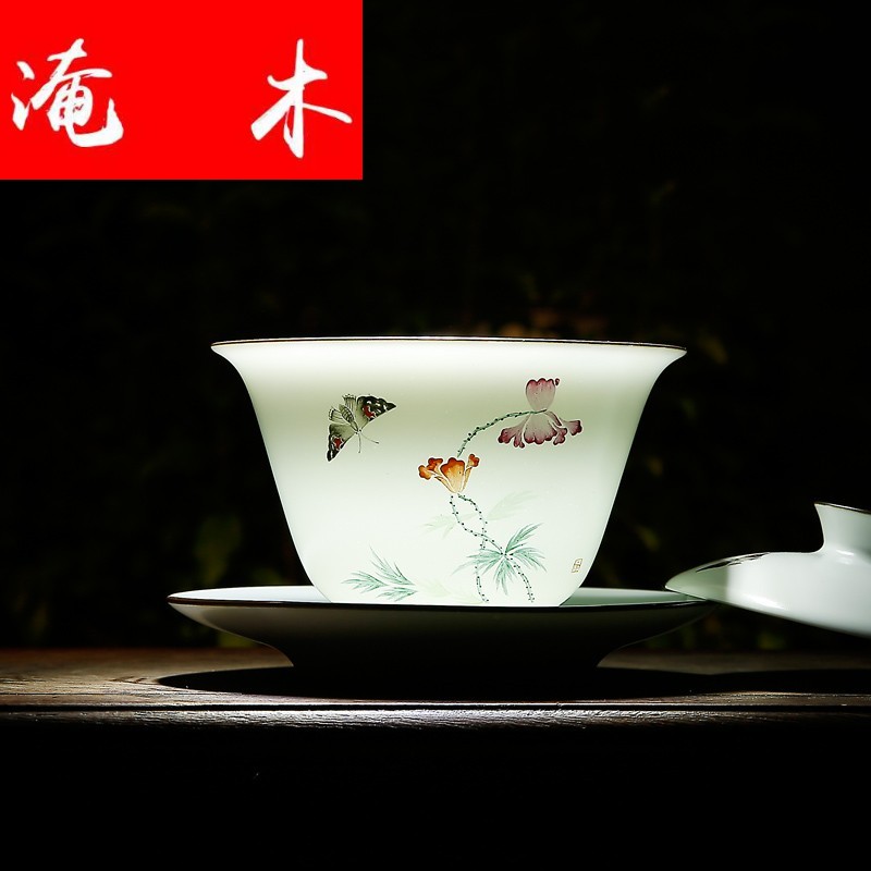 Flooded wooden ancient imperial tea cups tureen jingdezhen ceramic tea bowl hand - made pastel celadon matte enrolled white three bowls