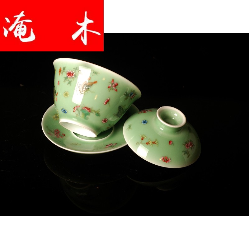 Submerged wood jingdezhen ceramic tea set hand made green glaze enamel butterfly three tureen large ceramic bowl cups worship