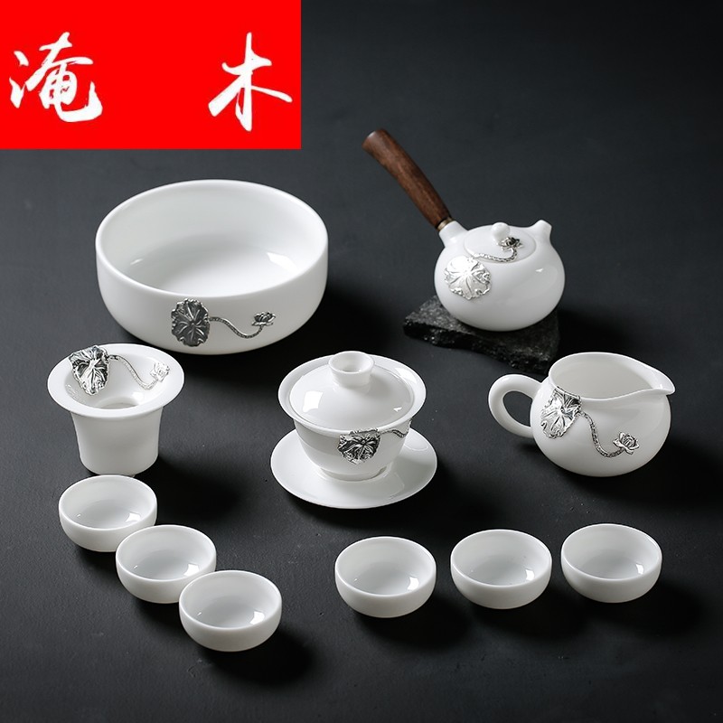 Flooded wood with silver dehua white porcelain kung fu tea set the whole office tea tureen teapot tea cups porcelain