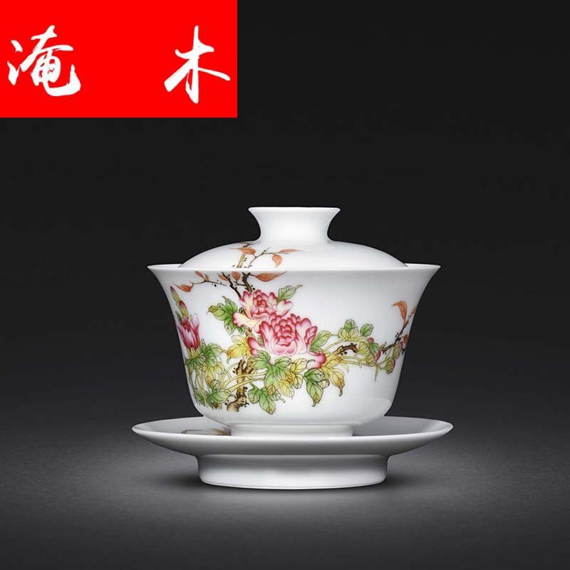 Submerged wood jingdezhen colored enamel hand - made painting of flowers and manual three tureen kung fu tea bowl