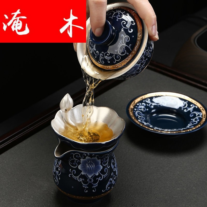 Submerged wood jingdezhen silver tea set 999 thickening kung fu tureen coppering. As silver cup bowl of blue and white gold ceramic tea set