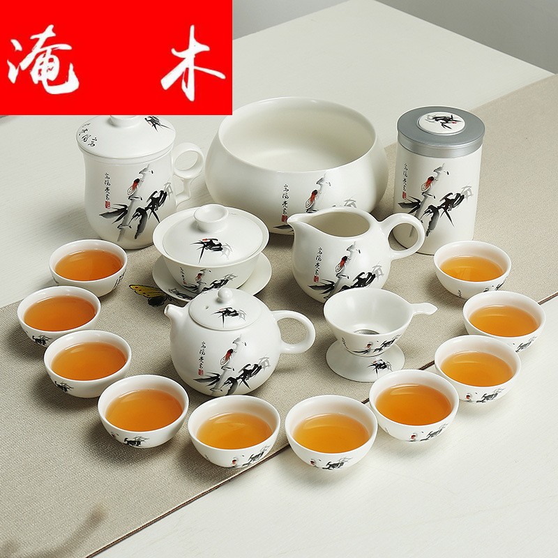 Submerged wood of a complete set of kung fu tea set household hand - made ceramic tureen tea cup teapot blue open box office