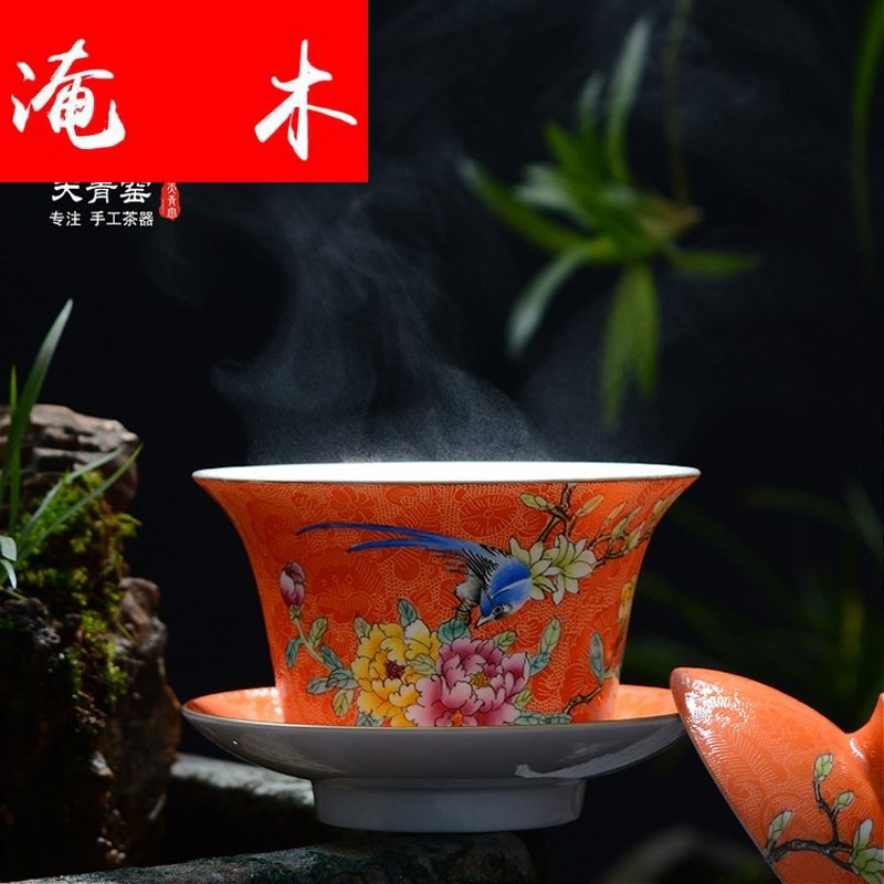 Grilled flooded wood painting of flowers and flower tureen jingdezhen tea hand - made kung fu tea powder enamel three to make tea tureen bowl