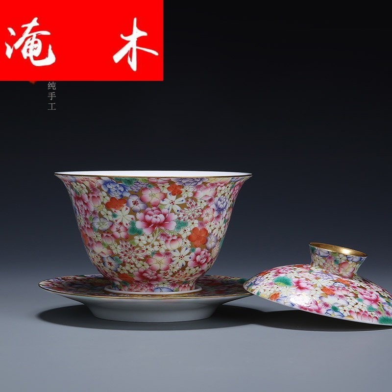 Flooded wood jingdezhen manual hand - made tureen tea ceramics powder enamel gold base than spend three to bowl bowl flowers