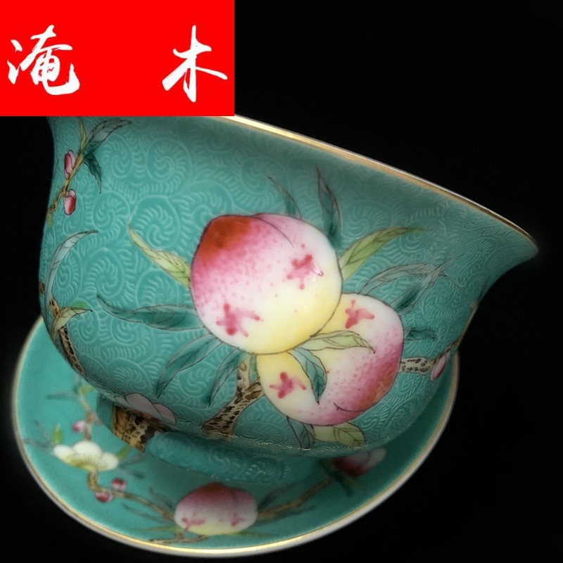 Submerged wood grilled jingdezhen manual hand - made pastel flower tea kungfu tea set peach three tureen archaize package mail