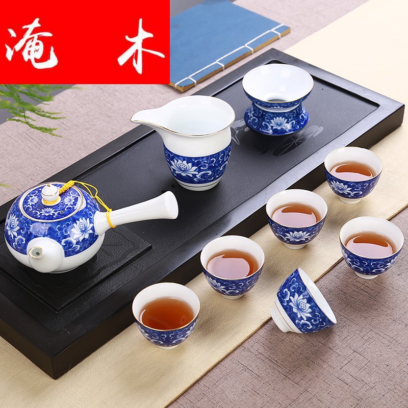 Flooded wooden household hand - made kung fu tea cups high - white porcelain paint full straight side to the pot of narrow pot lid bowl of tea set