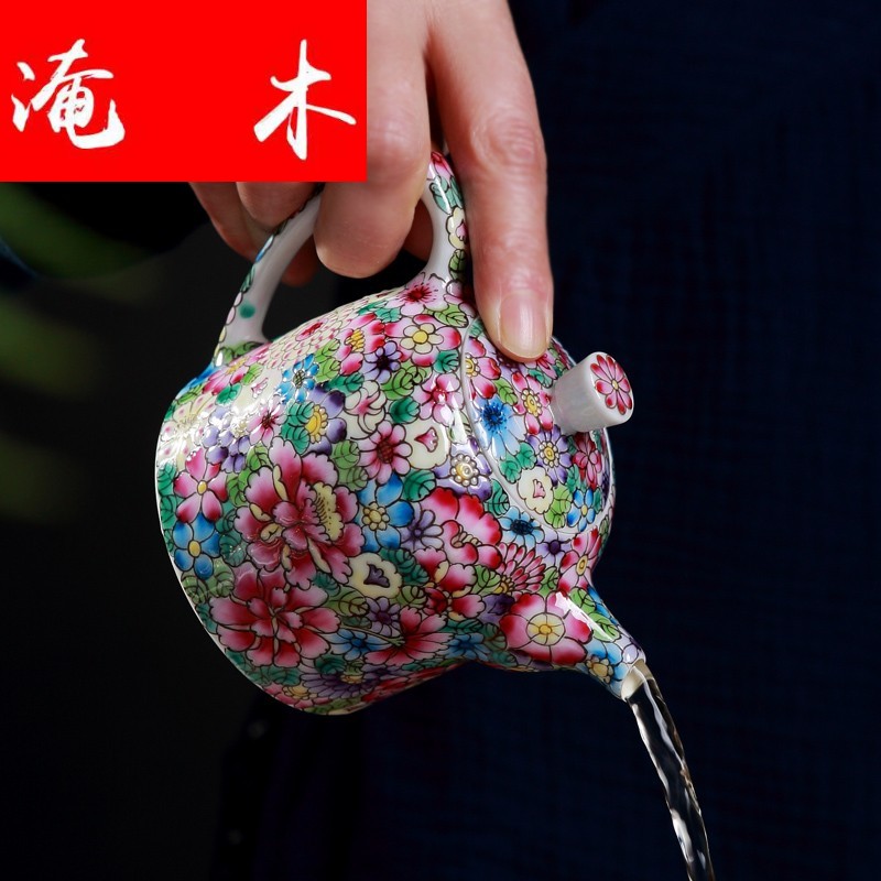 Flooded jingdezhen wood colored enamel hand - made flower is little teapot filtering household kung fu tea set ceramic tea