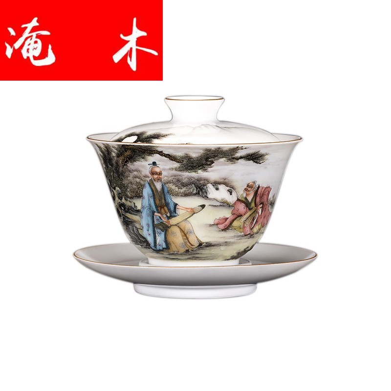 Flooded hand - made wooden jingdezhen ceramics powder enamel characters all hand three tureen kung fu tea set