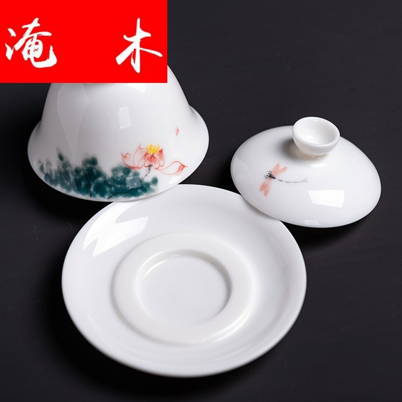 Flooded wood hand - made sweet white tureen white jade porcelain tureen small tureen kung fu tea set tea bowl three cups