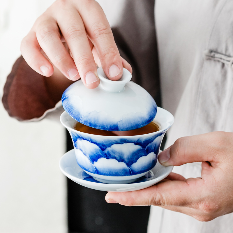 NiuRen three blue and white porcelain ceramic tea bowl to make tea tureen jade porcelain teacup kung fu tea set home to bowl
