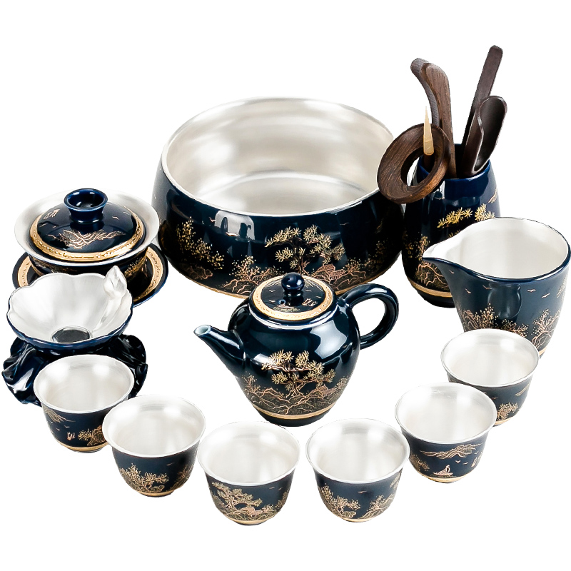 NiuRenLiu silver kung fu tea set suit household teapot teacup of blue and white porcelain ceramic office gift of a complete set of tea sets