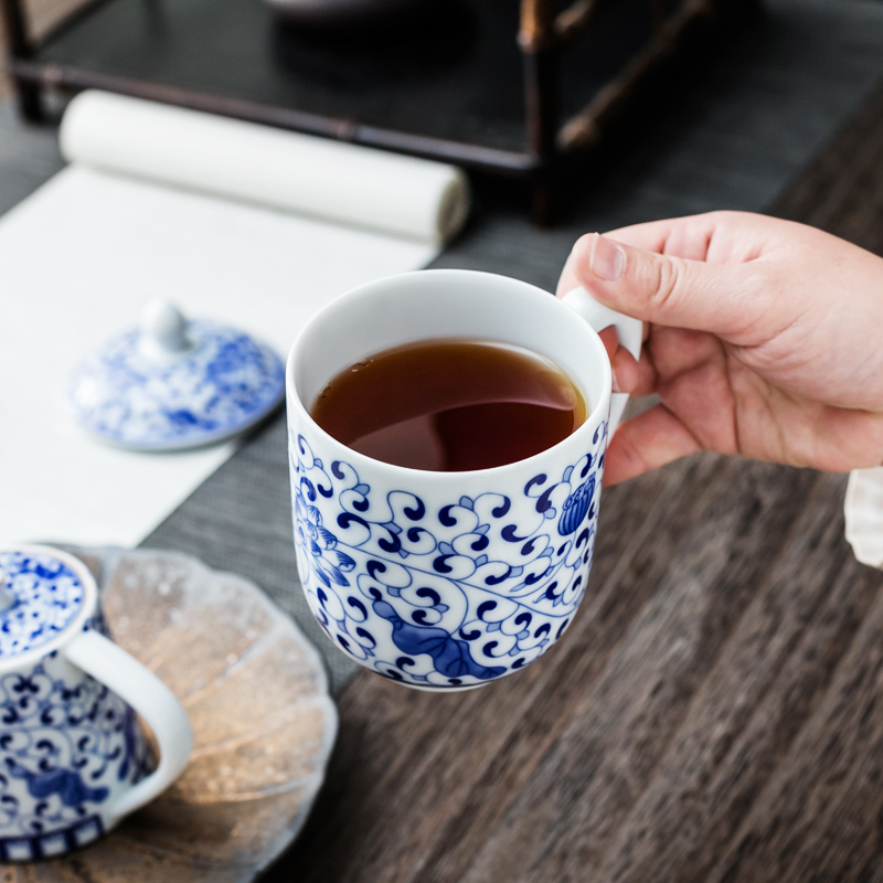 NiuRen single cup mark cup with cover ceramic cups office of blue and white porcelain cup household contracted individual cup tea cups