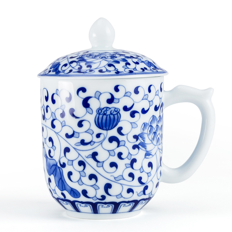 NiuRen single cup mark cup with cover ceramic cups office of blue and white porcelain cup household contracted individual cup tea cups