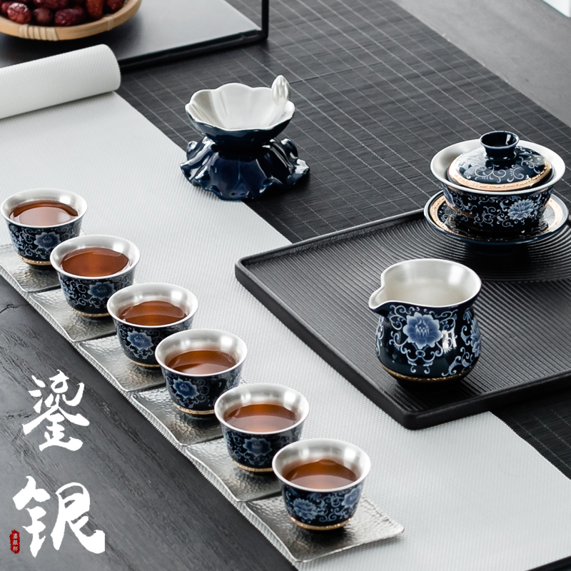 Blue and white tea set a complete set of kung fu tea set manually coppering. As NiuRen silver household ceramic tea set the teapot teacup gift boxes