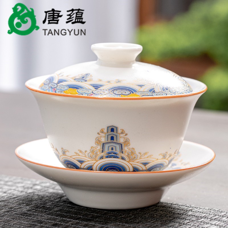 Gold colored enamel three to make tea tureen bowl cups large single household kung fu tea set suits for the lounge